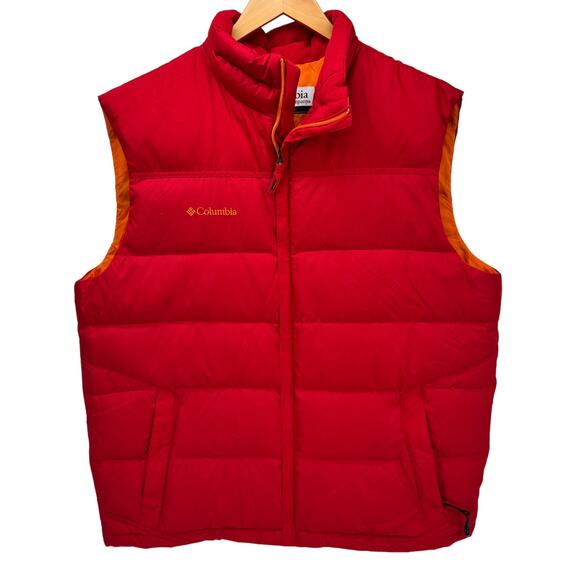 Columbia Puffer Vest Mens Large L Red Orange Full Zip Down Filled + Pockets - Picture 1 of 6